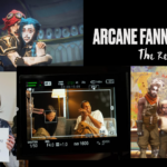 Arcane Season 2 Aniversary. A collage featuring Vi and Jinx, Ekko and Jinx, Josephine Meis storyboarder at Fortiche for the Reddit AMA, Stromae and Pomme and an exclusive behind-the-scenes look at the creators of the hit Netflix series.