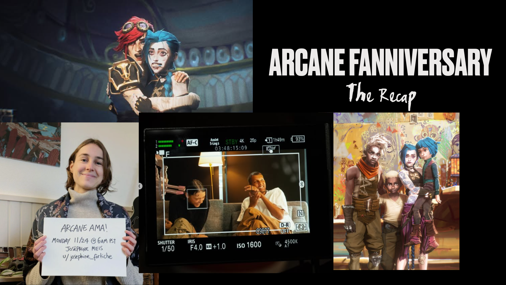 Arcane Season 2 Aniversary. A collage featuring Vi and Jinx, Ekko and Jinx, Josephine Meis storyboarder at Fortiche for the Reddit AMA, Stromae and Pomme and an exclusive behind-the-scenes look at the creators of the hit Netflix series.