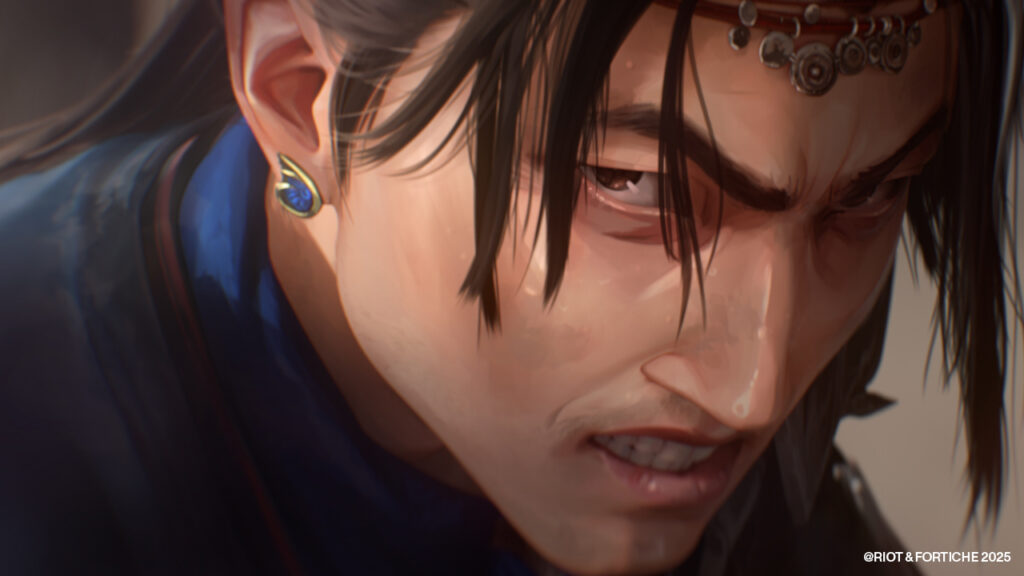 Xin Zhao from League of Legends in Arcane art style by Fortiche Production, close-up with intense expression, dark hair, and ornate headband.
