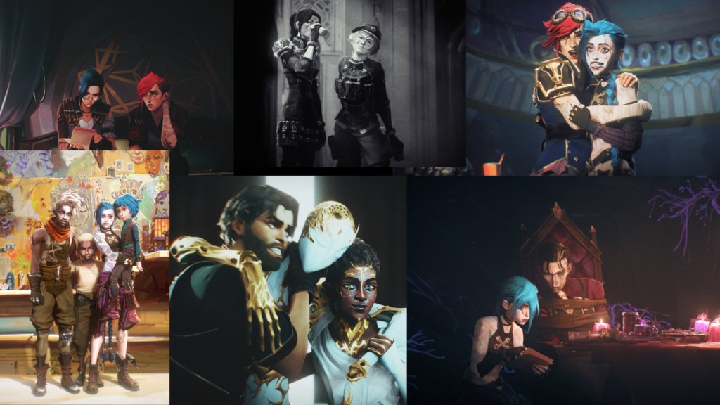 Caitvi, Jinx and Vi, Powder and Ekko, timebomb, Silco, Jayce and Mel, Jayvik, Caitlyn, exclusive designs made in Fortiche for Arcane anniversary.