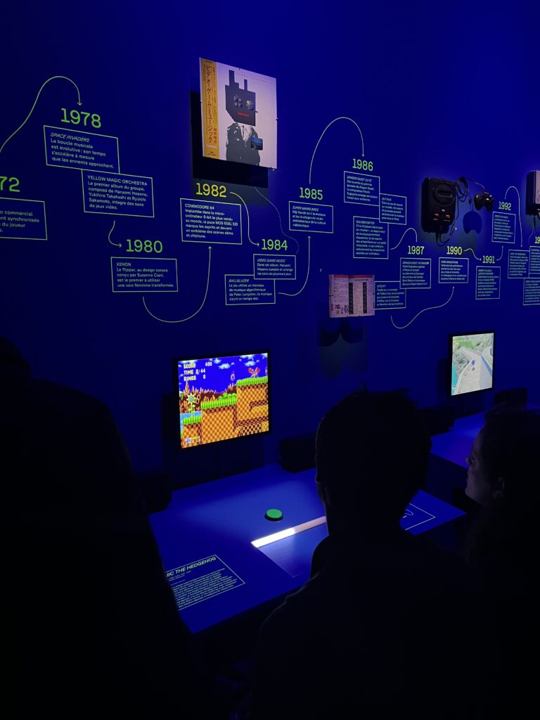 Interactive timeline of video game music history at the Fortiche Philharmonie exhibition in Paris.