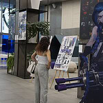Life-sized Jinx cutout and character concept art at the Arcane exhibition by animation production company Fortiche