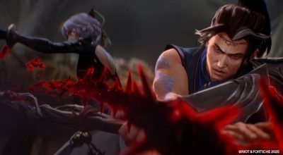 Yunara and Xin Zhao from League of Legends in a dynamic combat scene, featuring glowing blue tattoos and a jagged red energy weapon in Fortiche's painterly style.