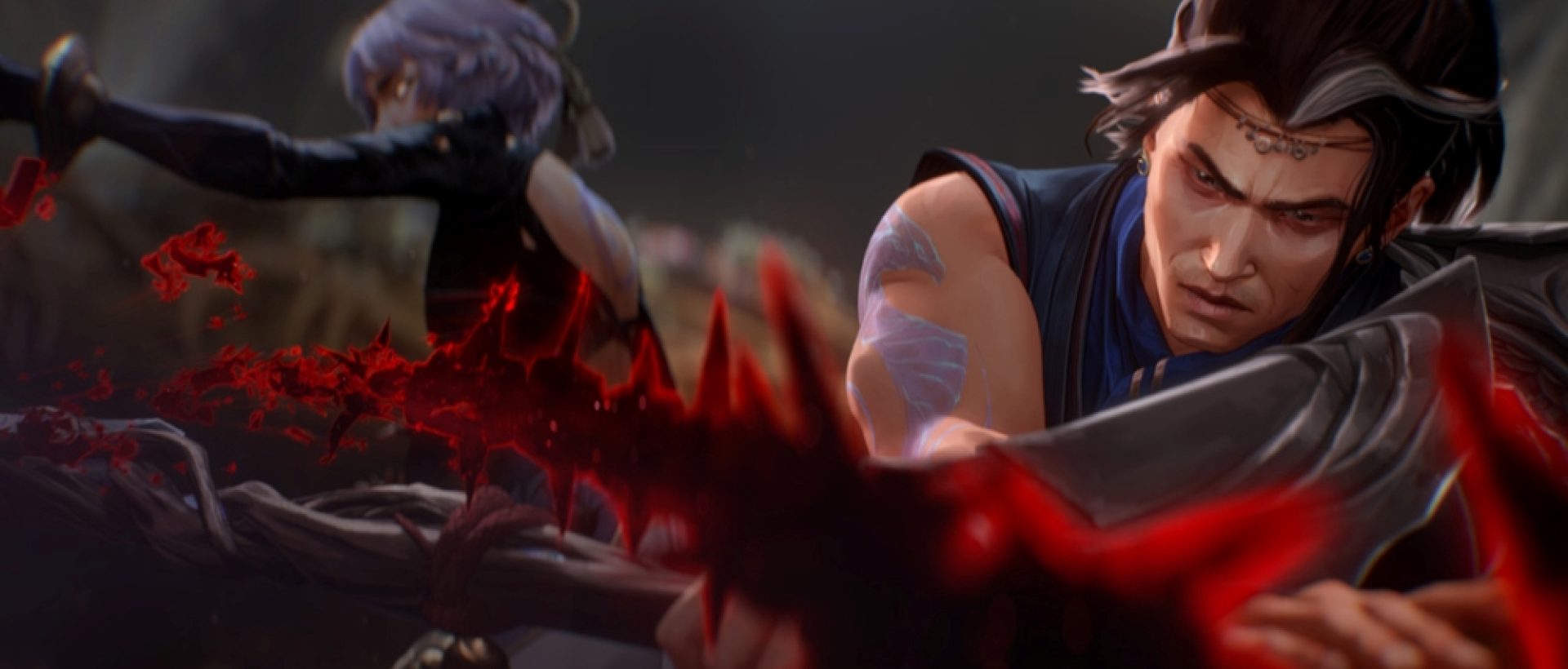 Yunara and Xin Zhao from League of Legends in a dynamic combat scene, featuring glowing blue tattoos and a jagged red energy weapon in Fortiche's painterly style.